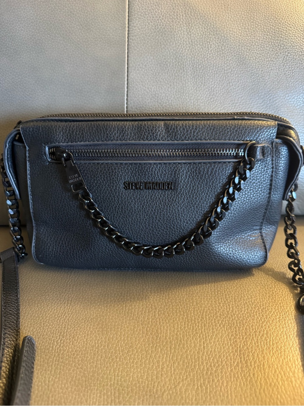 Steve Madden Gunmetal Pebbled Chain-Accent Crossbody Bag
